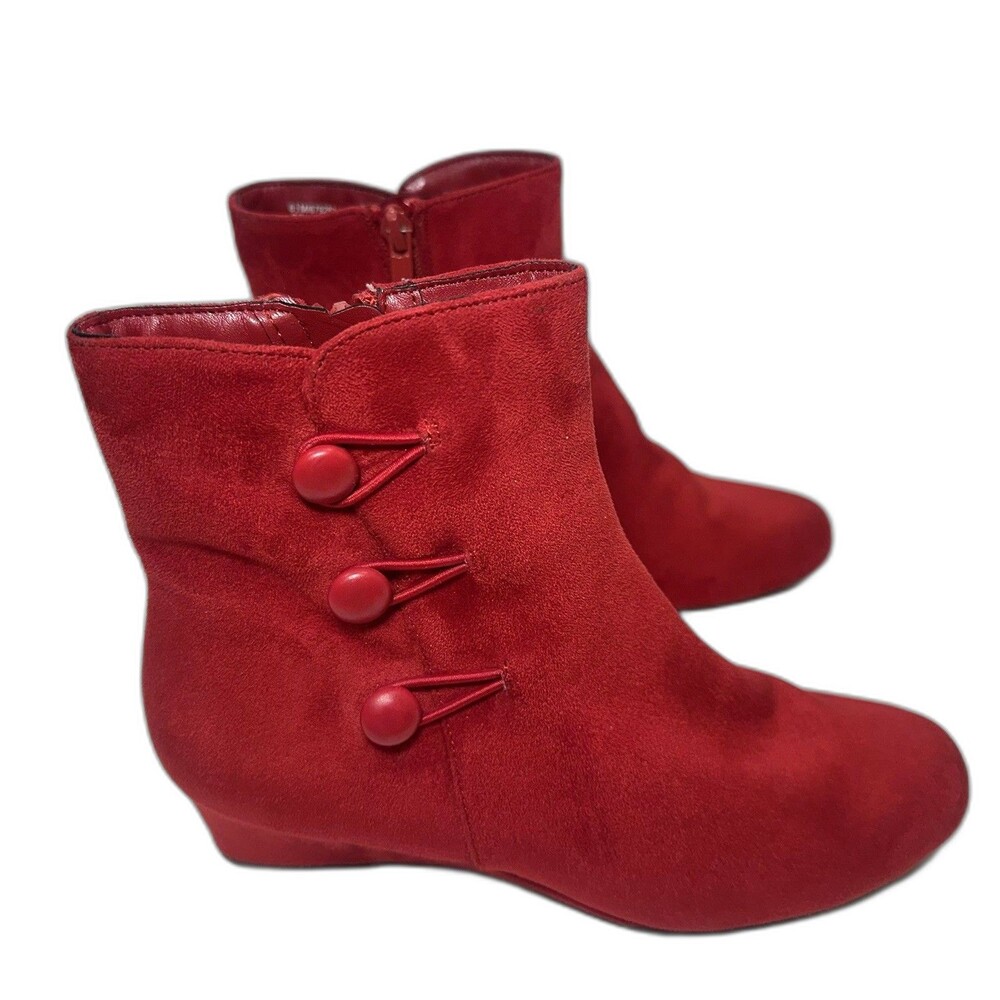 IMPO Georgina Red Faux Suede Ankle Boots 6.5 Wedge Zip Button Detail